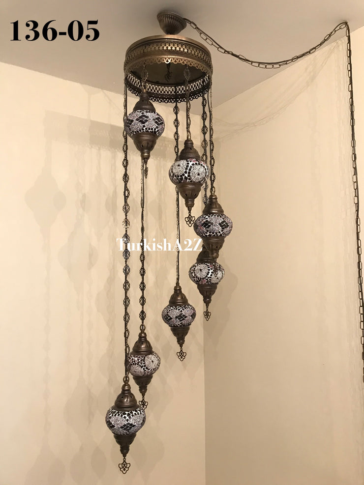 Turkish Mosaic Chandelier with 7 Medium - BALL(Swag Cable Option),ID: 136 - TurkishLights.NET