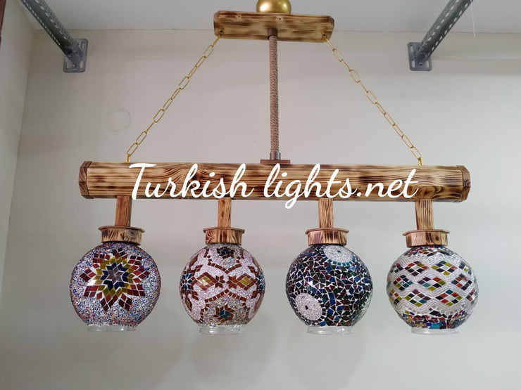 Wooden Kitchen Island Pendant With 4 Globes, ID:200 - TurkishLights.NET