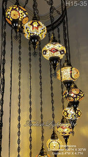 15-BALL TURKISH WATER DROP MOSAIC CHANDELIER WİTH LARGE GLOBES H15-35