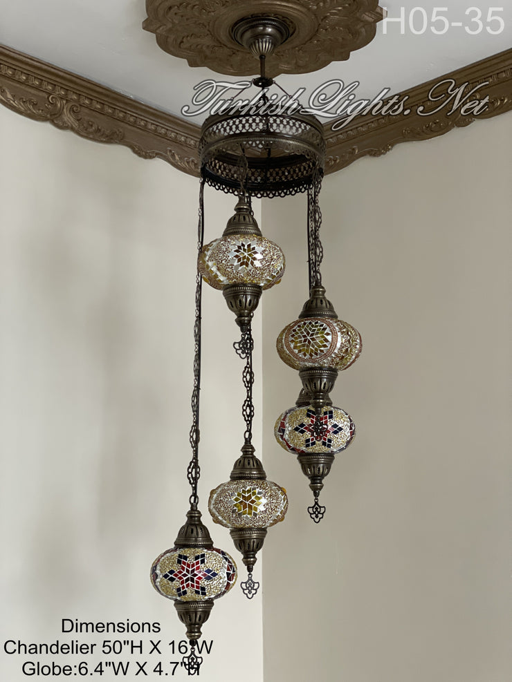 5 (L) BALL TURKISH WATER DROP MOSAIC CHANDELIER WİTH LARGE GLOBES H05-35