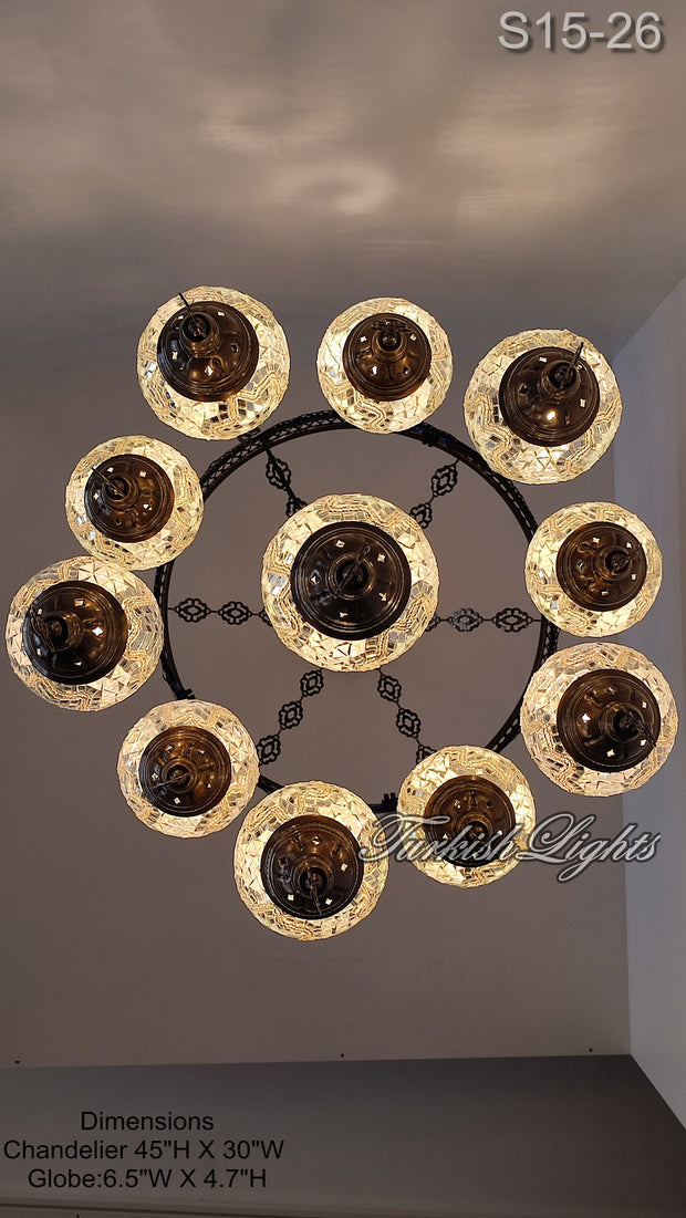 15-BALL TURKISH SULTAN MOSAIC CHANDELIER, MEDİUM GLOBES ID: S15-26