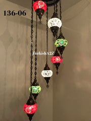 Turkish Mosaic Chandelier with 7 Medium - BALL , Swag Cable Option(Christmas colours) ,ID: 136 - TurkishLights.NET