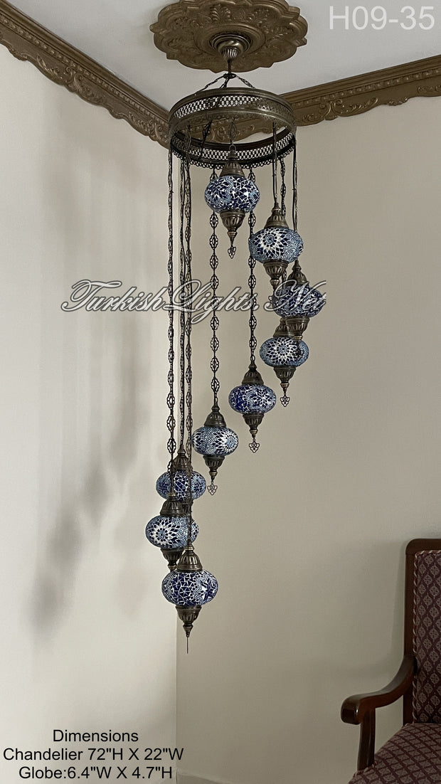 9 (L) BALL TURKISH WATER DROP MOSAIC CHANDELIER WİTH LARGE GLOBES H09-35