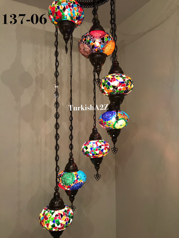 Turkish Mosaic Chandelier with 7 Large- BALL (Swag cable option),ID: 137 - TurkishLights.NET