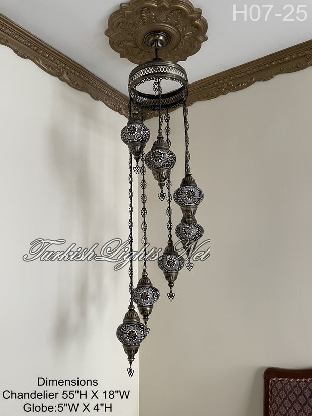 7 (M) BALL TURKISH WATER DROP MOSAIC CHANDELIER WİTH MEDIUM GLOBES H07-25