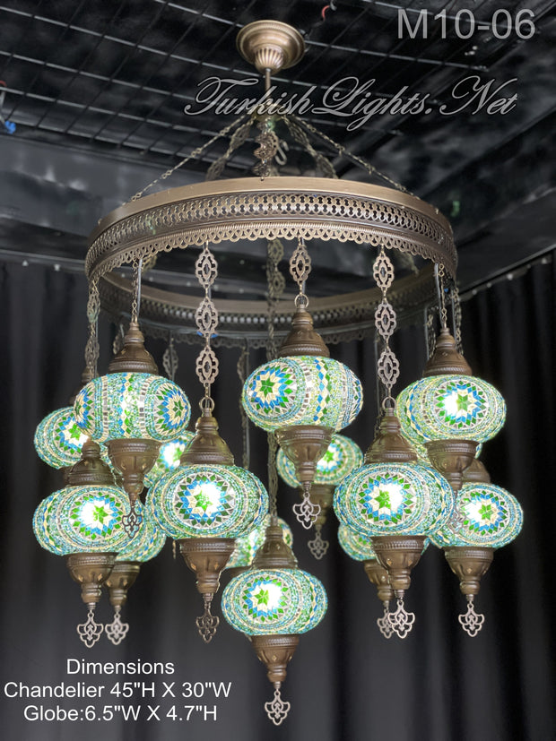 15-BALL TURKISH SULTAN MOSAIC CHANDELIER, LARGE GLOBES,  9 TO CHOOSE