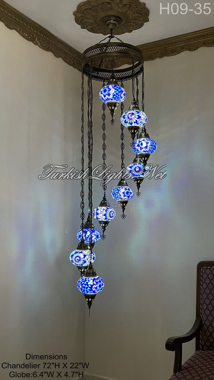 9 (L) BALL TURKISH WATER DROP MOSAIC CHANDELIER WİTH LARGE GLOBES 10 TO CHOOSE