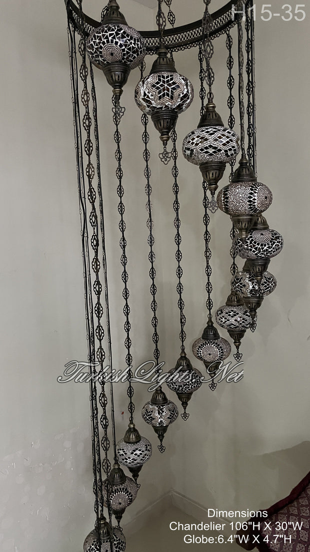 15-BALL TURKISH WATER DROP MOSAIC CHANDELIER WİTH LARGE GLOBES H15-35