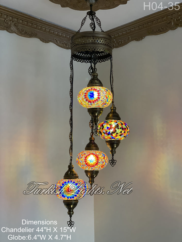 4 (L) BALL TURKISH WATER DROP MOSAIC CHANDELIER WİTH LARGE GLOBES H04-35