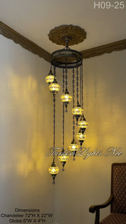 9 (M) BALL TURKISH WATER DROP MOSAIC CHANDELIER WİTH MEDIUM GLOBES H09-25