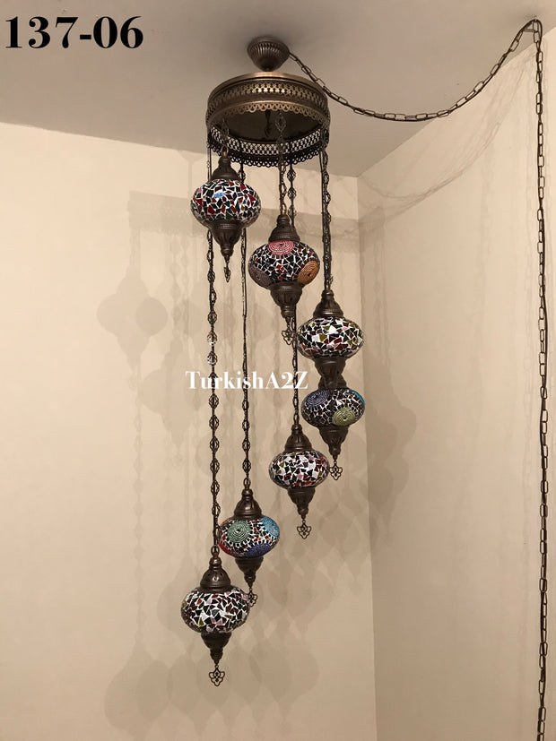 Turkish Mosaic Chandelier with 7 Large- BALL (Swag cable option),ID: 137 - TurkishLights.NET