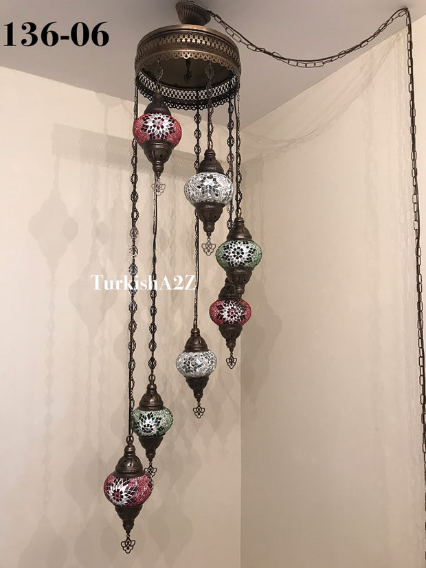 Turkish Mosaic Chandelier with 7 Medium - BALL , Swag Cable Option(Christmas colours) ,ID: 136 - TurkishLights.NET