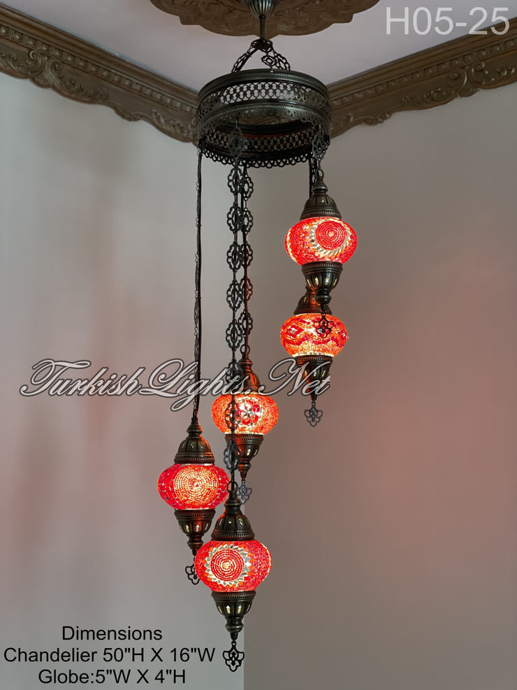 5 (M) BALL TURKISH WATER DROP MOSAIC CHANDELIER WİTH MEDIUM GLOBES H05-25