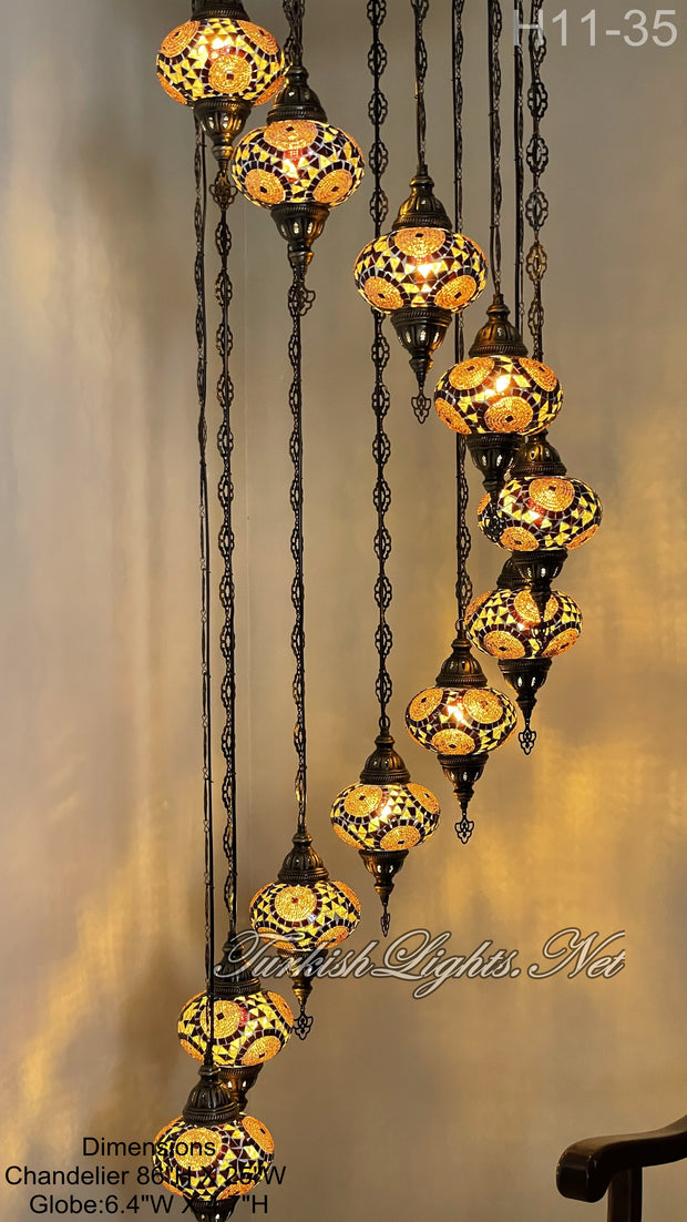 11 (L) BALL TURKISH WATER DROP MOSAIC CHANDELIER WİTH LARGE GLOBES H11-35