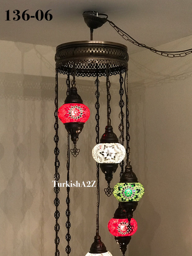 Turkish Mosaic Chandelier with 7 Medium - BALL , Swag Cable Option(Christmas colours) ,ID: 136 - TurkishLights.NET