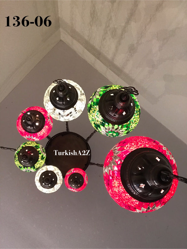 Turkish Mosaic Chandelier with 7 Medium - BALL , Swag Cable Option(Christmas colours) ,ID: 136 - TurkishLights.NET