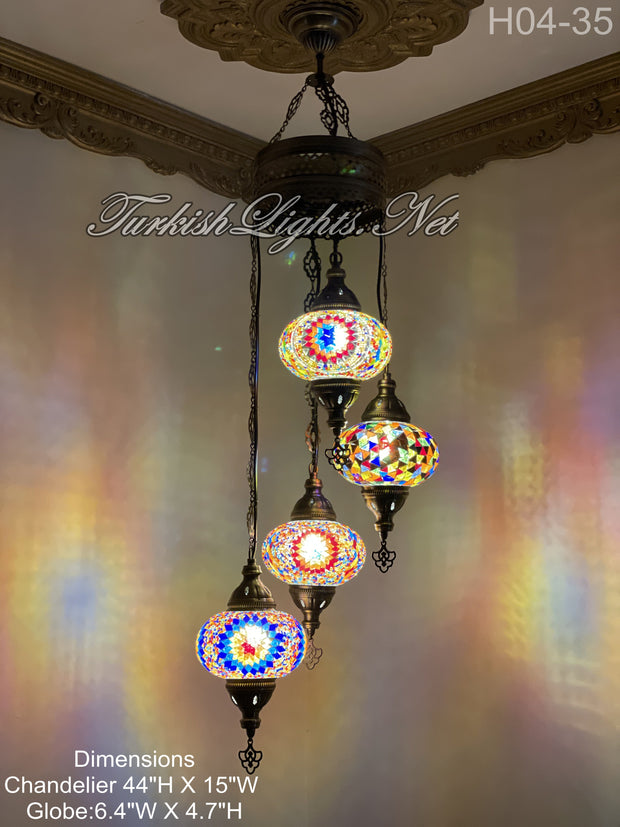 4 (L) BALL TURKISH WATER DROP MOSAIC CHANDELIER WİTH LARGE GLOBES H04-35