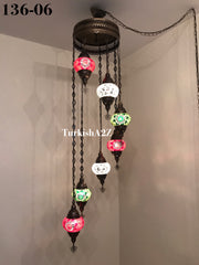 Turkish Mosaic Chandelier with 7 Medium - BALL , Swag Cable Option(Christmas colours) ,ID: 136 - TurkishLights.NET