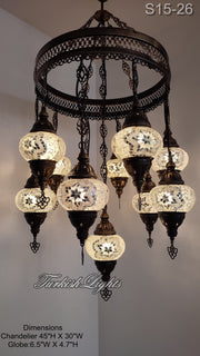 15-BALL TURKISH SULTAN MOSAIC CHANDELIER, MEDİUM GLOBES 15 TO CHOOSE