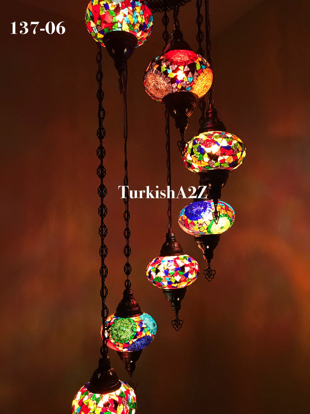 Turkish Mosaic Chandelier with 7 Large- BALL (Swag cable option),ID: 137 - TurkishLights.NET