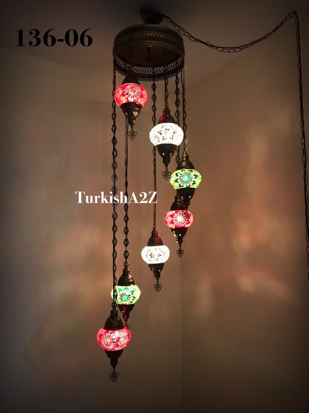 Turkish Mosaic Chandelier with 7 Medium - BALL , Swag Cable Option(Christmas colours) ,ID: 136 - TurkishLights.NET