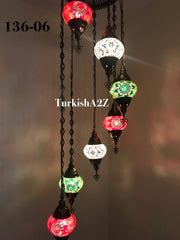 Turkish Mosaic Chandelier with 7 Medium - BALL , Swag Cable Option(Christmas colours) ,ID: 136 - TurkishLights.NET