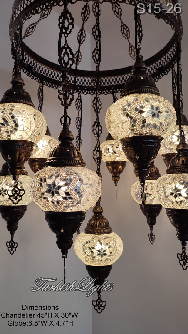 15-BALL TURKISH SULTAN MOSAIC CHANDELIER, MEDİUM GLOBES ID: S15-26