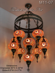 11-BALL TURKISH SULTAN MOSAIC CHANDELIER, LARGE GLOBES 10 TO CHOOSE