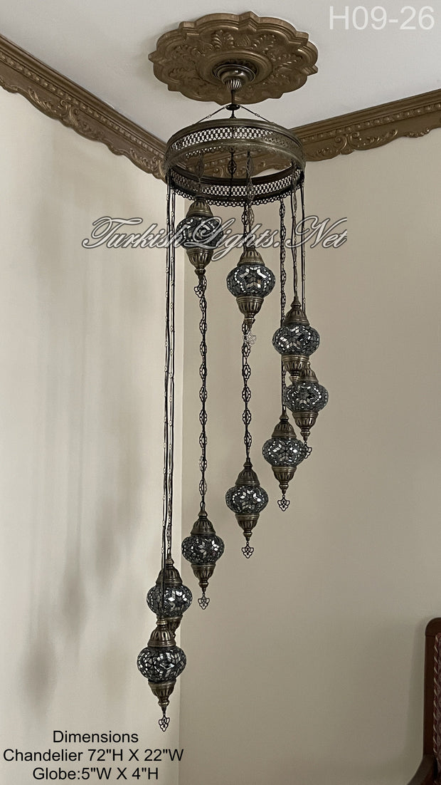 9 (M) BALL TURKISH WATER DROP MOSAIC CHANDELIER WİTH MEDIUM GLOBES H09-26