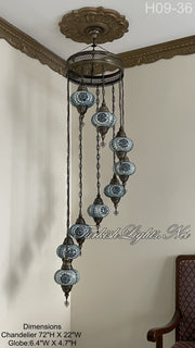 9 (L) BALL TURKISH WATER DROP MOSAIC CHANDELIER WİTH LARGE GLOBES H09-36