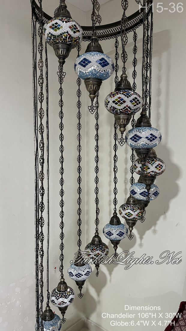 15-BALL TURKISH WATER DROP MOSAIC CHANDELIER WİTH LARGE GLOBES H15-36