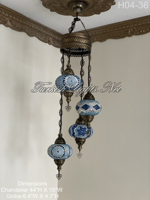 4 (L) BALL TURKISH WATER DROP MOSAIC CHANDELIER WİTH LARGE GLOBES H04-36