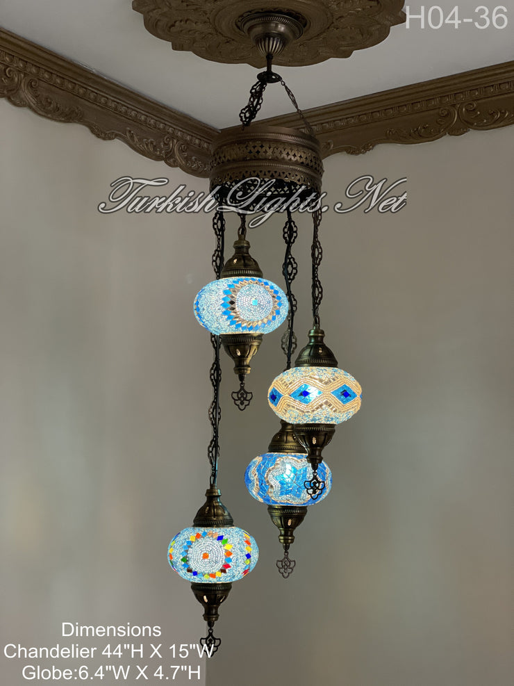 4 (L) BALL TURKISH WATER DROP MOSAIC CHANDELIER WİTH LARGE GLOBES H04-36