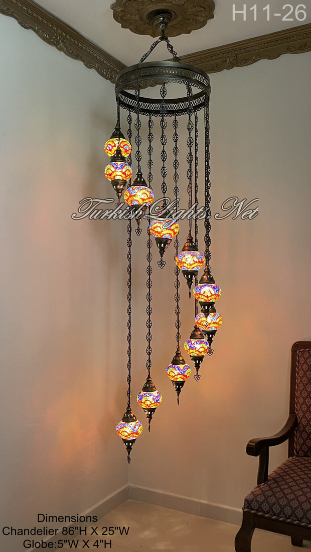 11 (M) BALL TURKISH WATER DROP MOSAIC CHANDELIER WİTH MEDIUM GLOBES H11-26