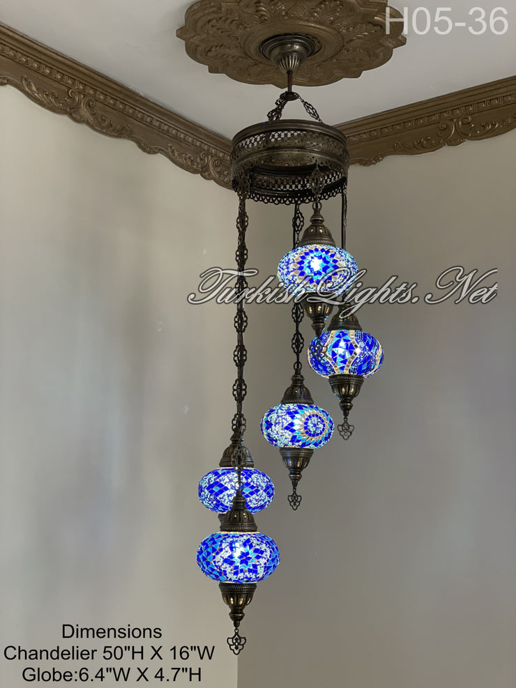 5 (L) BALL TURKISH WATER DROP MOSAIC CHANDELIER WİTH LARGE GLOBES H05-36