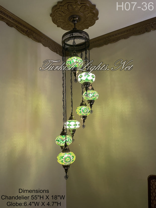 7 (L) BALL TUHRKISH WATER DROP MOSAIC CHANDELIER WİTH LARGE GLOBES H07-36