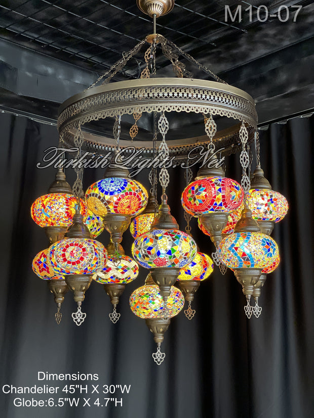 15-BALL TURKISH SULTAN MOSAIC CHANDELIER, LARGE GLOBES,  9 TO CHOOSE