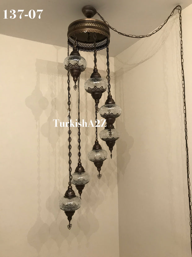 Turkish Mosaic Chandelier with 7 Large- BALL (Swag cable option),ID: 137 - TurkishLights.NET