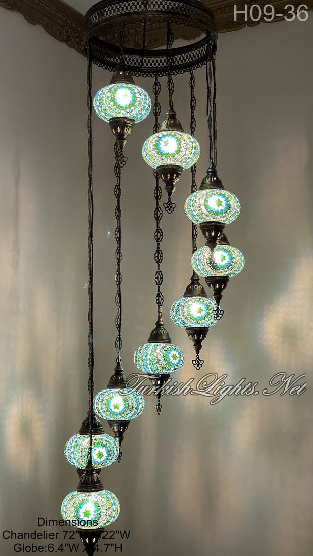 9 (L) BALL TURKISH WATER DROP MOSAIC CHANDELIER WİTH LARGE GLOBES H09-36