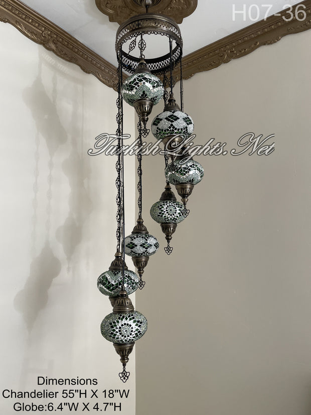 7 (L) BALL TUHRKISH WATER DROP MOSAIC CHANDELIER WİTH LARGE GLOBES H07-36