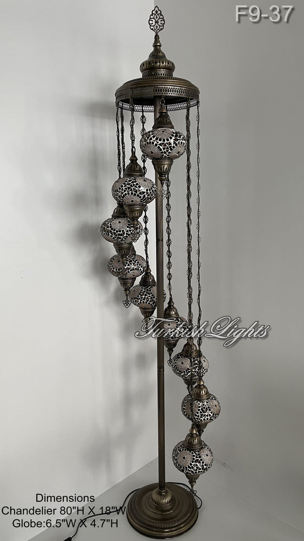 9 BALL TURKISH MOSAIC FLOOR LAMP WITH LARGE GLOBES ID: F9-37