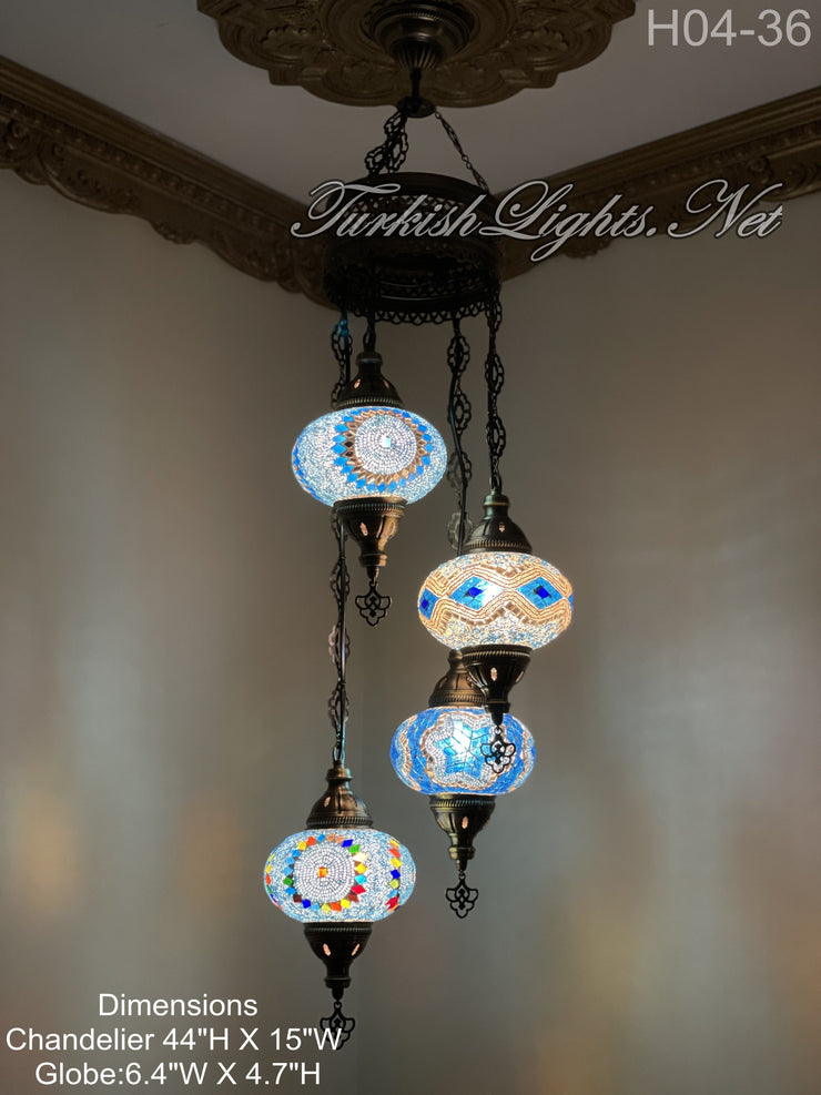 4 (L) BALL TURKISH WATER DROP MOSAIC CHANDELIER WİTH LARGE GLOBES 10 TO CHOOSE