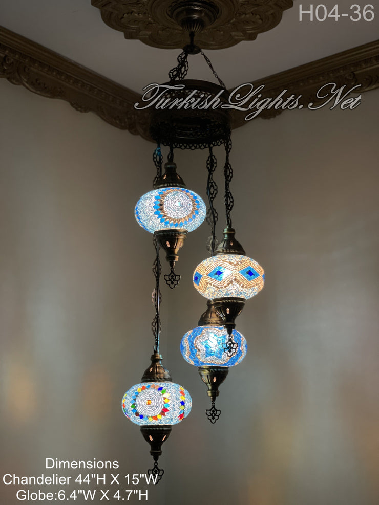 4 (L) BALL TURKISH WATER DROP MOSAIC CHANDELIER WİTH LARGE GLOBES H04-36