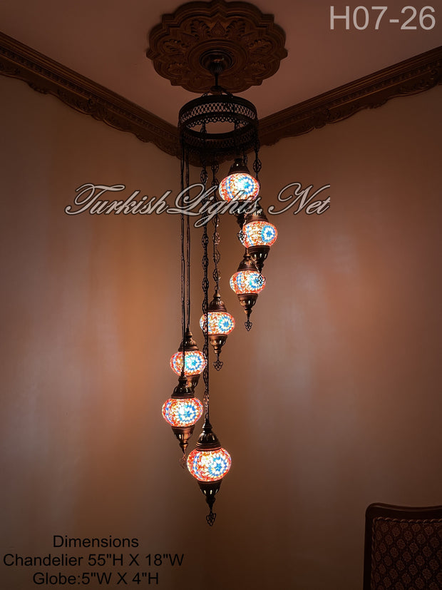 7 (M) BALL TURKISH WATER DROP MOSAIC CHANDELIER WİTH MEDIUM GLOBES 10 TO CHOOSE