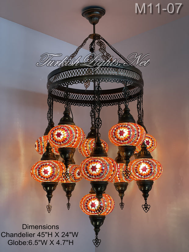 11-BALL TURKISH SULTAN MOSAIC CHANDELIER, LARGE GLOBES ID: M11-07