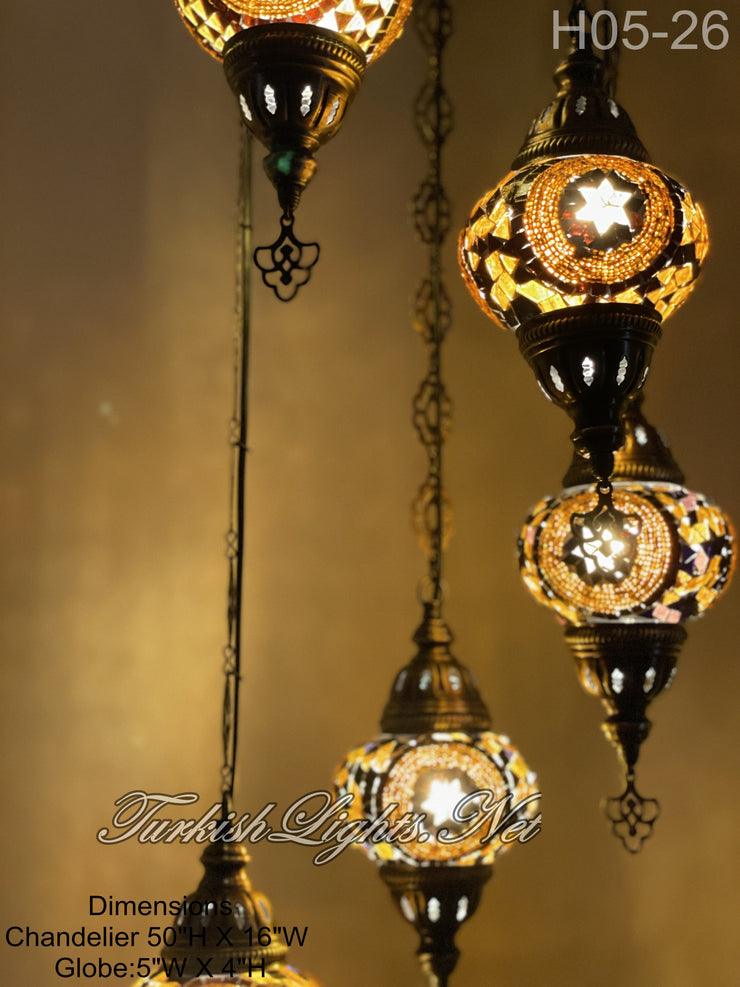 5 (M) BALL TURKISH WATER DROP MOSAIC CHANDELIER WİTH MEDIUM GLOBES H05-26