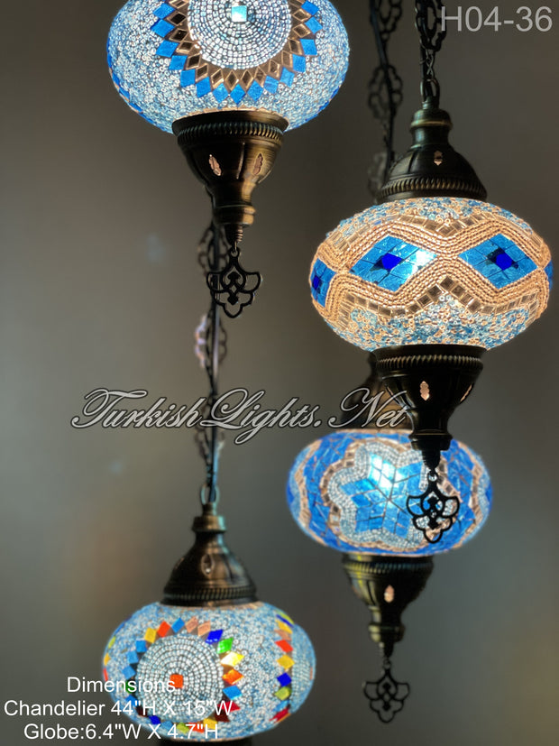 4 (L) BALL TURKISH WATER DROP MOSAIC CHANDELIER WİTH LARGE GLOBES H04-36