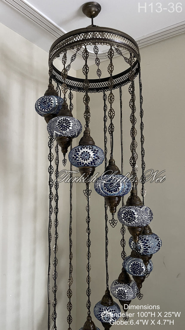 13 (L) BALL TURKISH WATER DROP MOSAIC CHANDELIER WİTH LARGE GLOBES H13-36