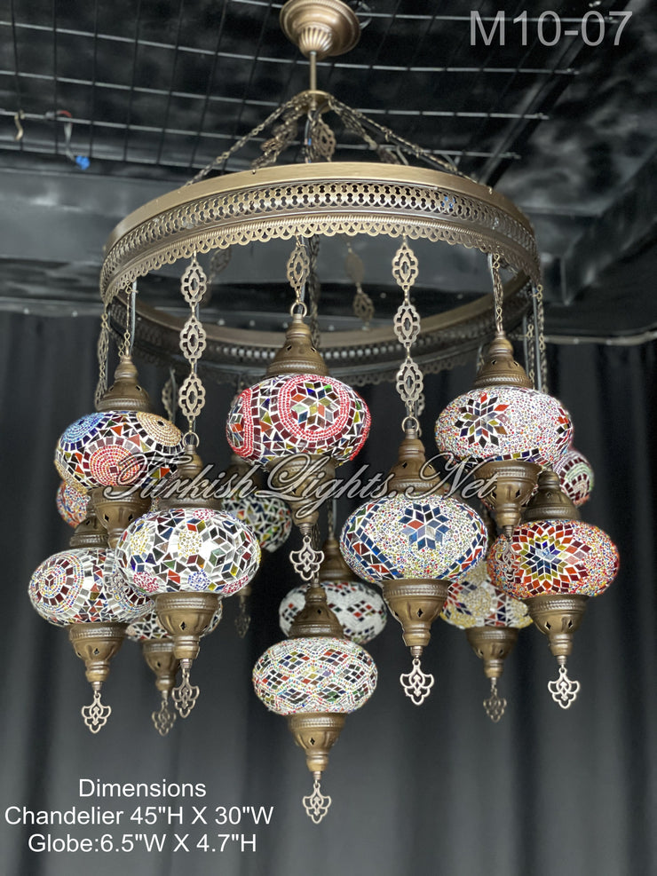 15-BALL TURKISH SULTAN MOSAIC CHANDELIER, LARGE GLOBES ID: M10-07