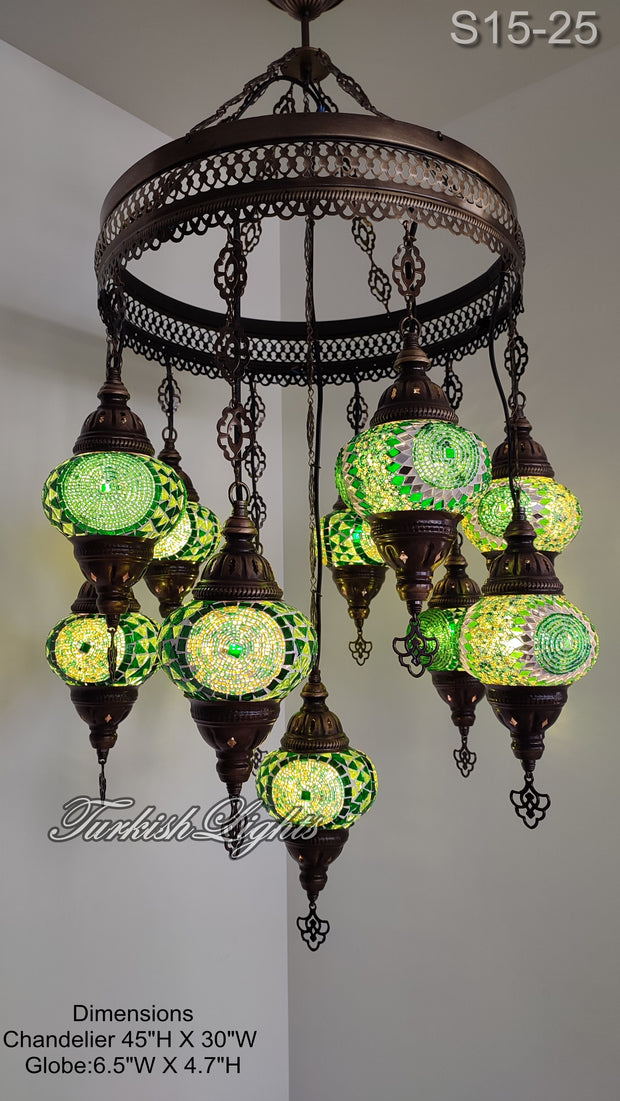 15-BALL TURKISH SULTAN MOSAIC CHANDELIER, MEDİUM GLOBES 15 TO CHOOSE